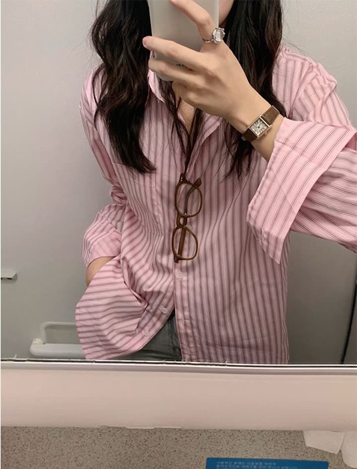 봄 가을 새로운 디자인 센스 스트라이프 셔츠 이미지 2
