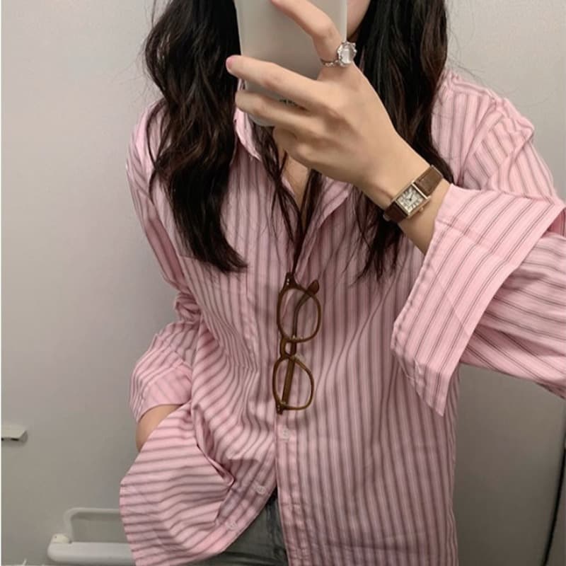 봄 가을 새로운 디자인 센스 스트라이프 셔츠 이미지 5