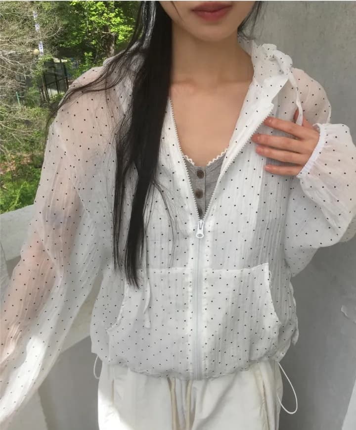 여름 루즈핏 도트 무늬 캐주얼 다용도 나일론 후드 지퍼 방풍 재킷 상세 이미지 2