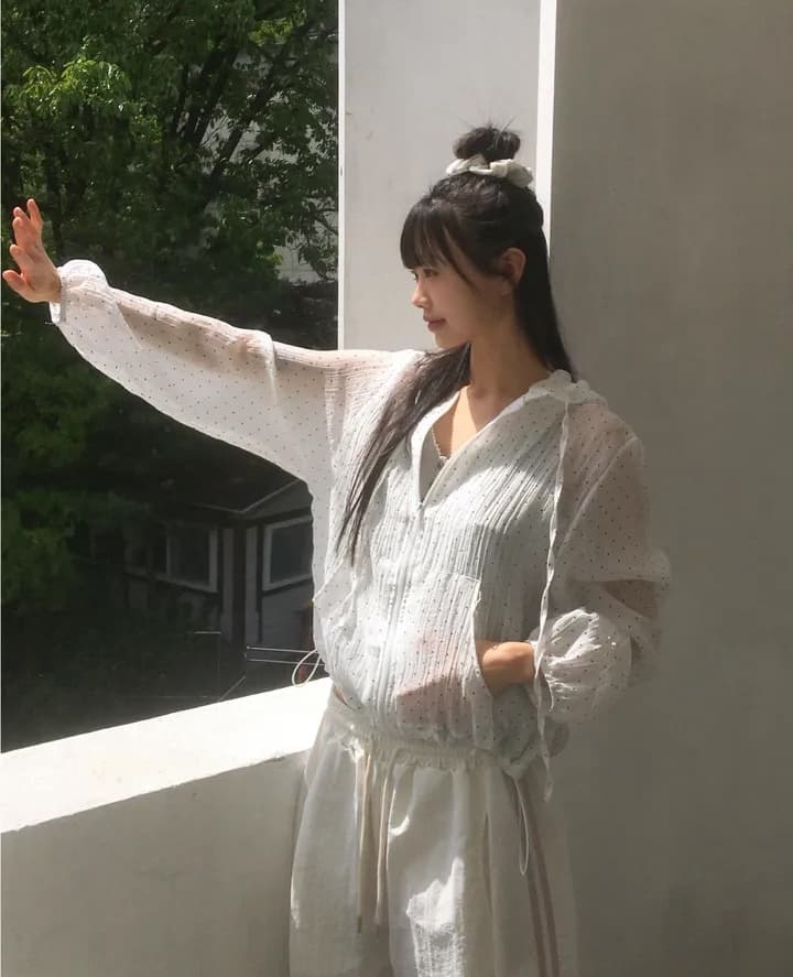 여름 루즈핏 도트 무늬 캐주얼 다용도 나일론 후드 지퍼 방풍 재킷 상세 이미지 6