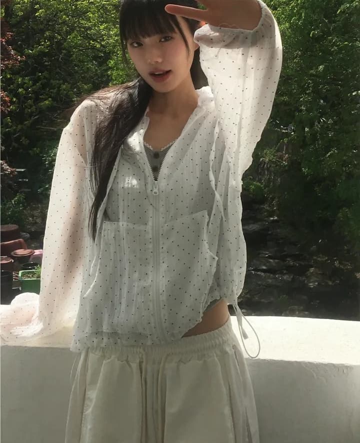 여름 루즈핏 도트 무늬 캐주얼 다용도 나일론 후드 지퍼 방풍 재킷 상세 이미지 8