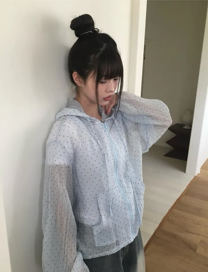 루즈핏 도트 무늬 캐주얼 다용도 나일론 후드 지퍼 방풍 재킷 상세 이미지 20