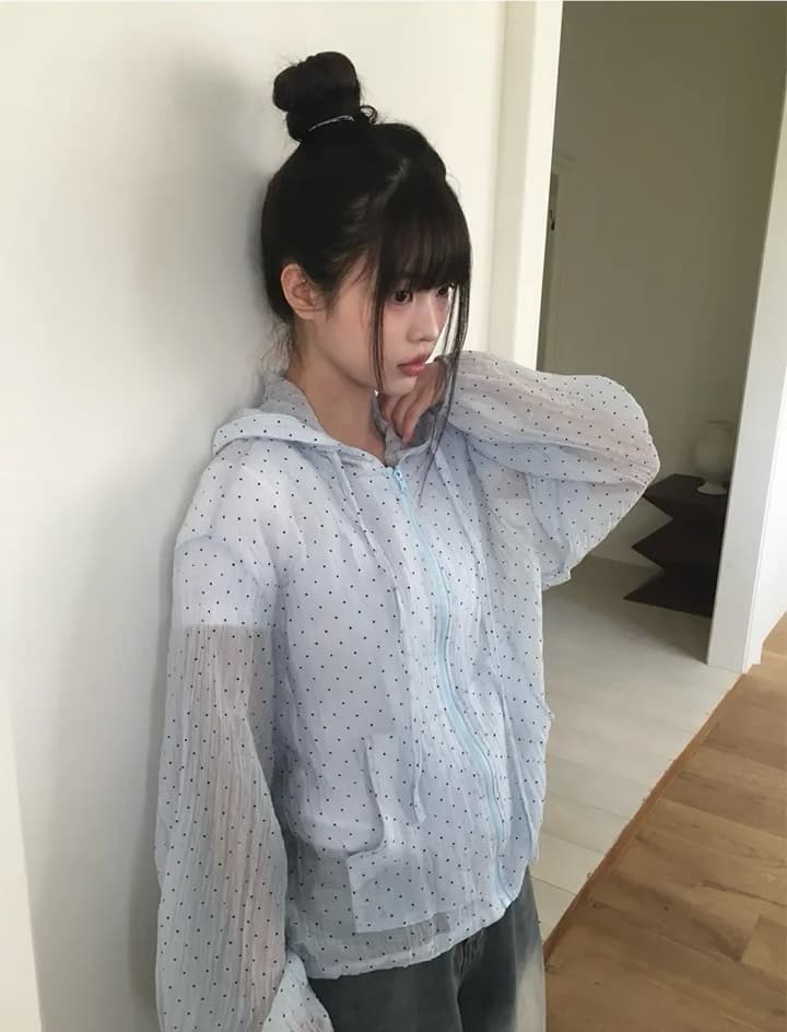 루즈핏 도트 무늬 캐주얼 다용도 나일론 후드 지퍼 방풍 재킷 상세 이미지 21