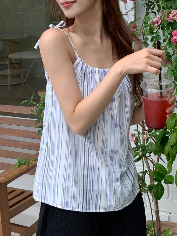 새로운 여름 한국 스타일 레트로 외국 가스 스트라이프 미니멀리즘 다용도 얇은 스타일 수 있습니다. 조정 캐미솔 여성 셔츠 상세 이미지 3