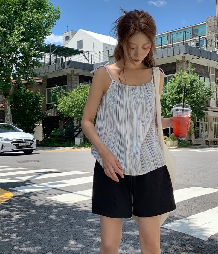 새로운 여름 한국 스타일 레트로 외국 가스 스트라이프 미니멀리즘 다용도 얇은 스타일 수 있습니다. 조정 캐미솔 여성 셔츠 상세 이미지 10