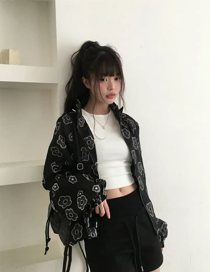 꽃 어둠 곡물 레트로 귀여운 프린트 후드 얇은 스타일 자외선 차단 다용도 자외선 차단 재킷 이미지 2