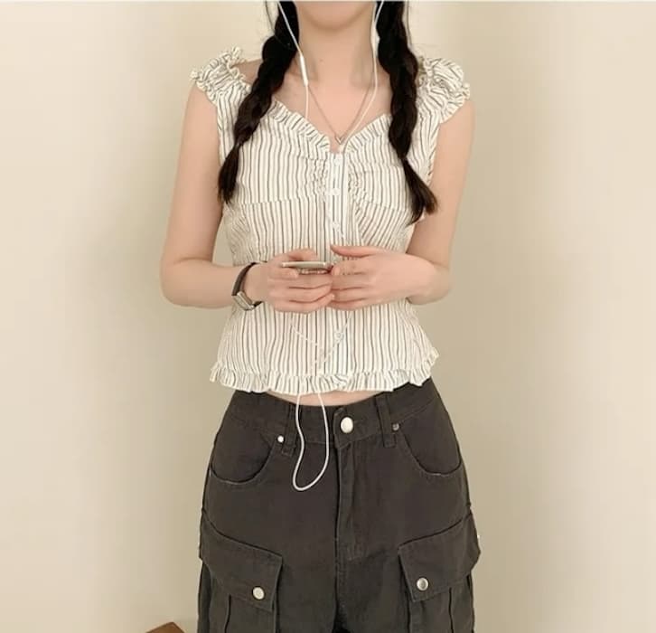 Pleat 측면 상쾌 블루 스트라이프 수 있습니다. 오프숄더 둘 착용 셔츠 상세 이미지 14
