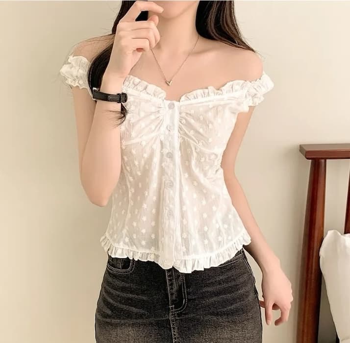 Pleat 측면 상쾌 블루 스트라이프 수 있습니다. 오프숄더 둘 착용 셔츠 상세 이미지 24