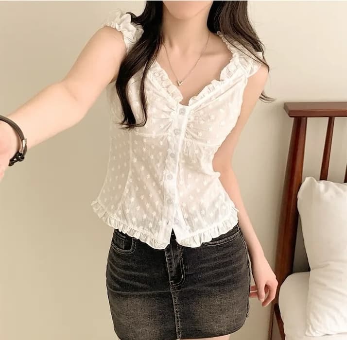 Pleat 측면 상쾌 블루 스트라이프 수 있습니다. 오프숄더 둘 착용 셔츠 상세 이미지 28