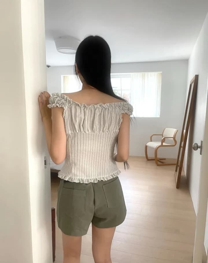 Pleat 측면 스트라이프 수 있습니다. 오프숄더 둘 착용 셔츠 상세 이미지 5