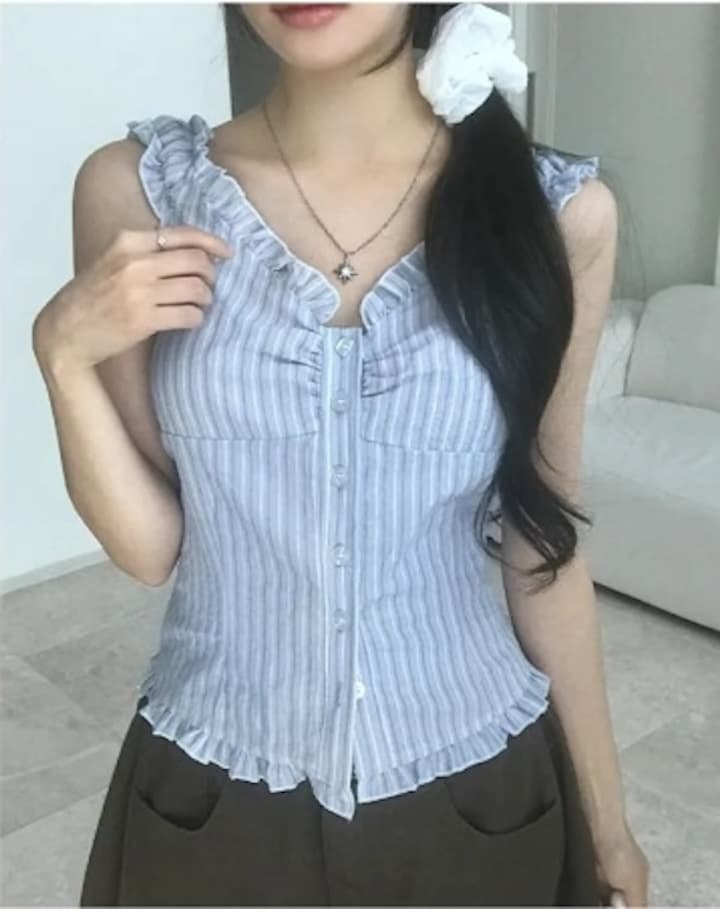 여름 섹시함 Pleat 측면 스트라이프 수 있습니다. 오프숄더 둘 착용 셔츠 이미지 2