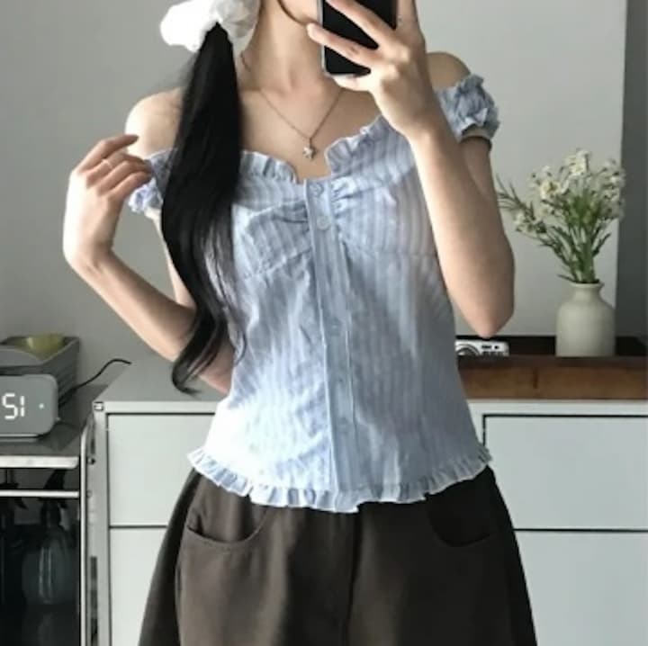 여름 섹시함 Pleat 측면 스트라이프 수 있습니다. 오프숄더 둘 착용 셔츠 상세 이미지 6