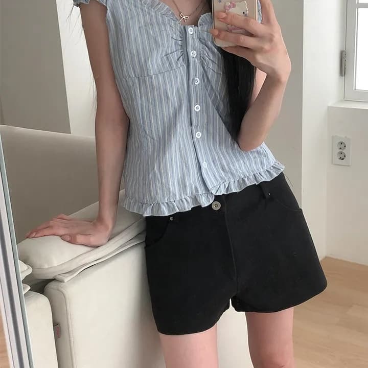 섹시함 여름 Pleat 측면 블루 스트라이프 수 있습니다. 오프숄더 둘 착용 셔츠 이미지 2