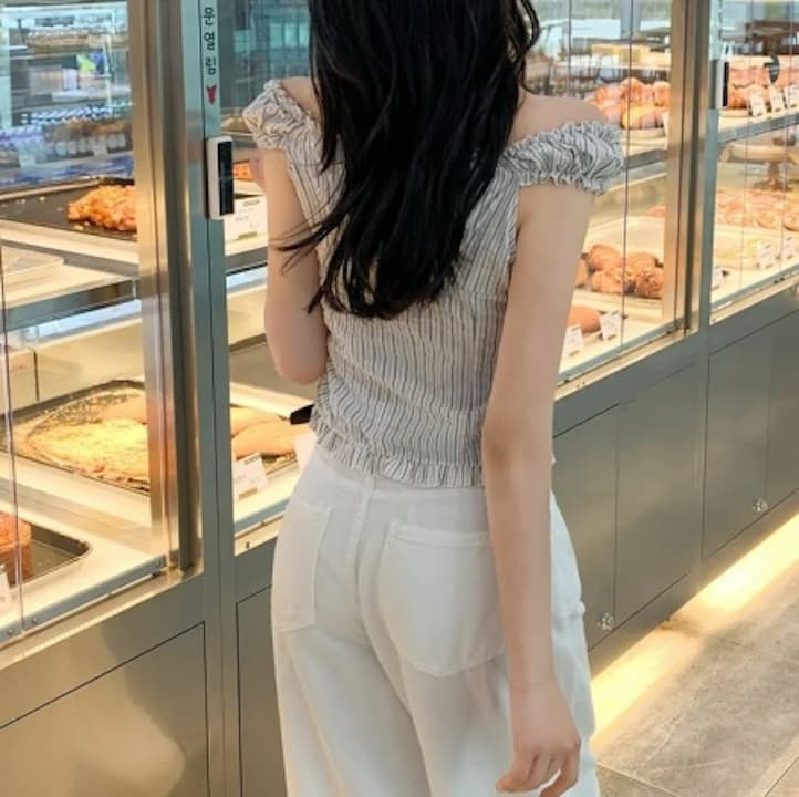 여름 섹시함 Pleat 측면 스트라이프 수 있습니다. 오프숄더 둘 착용 셔츠 상세 이미지 27
