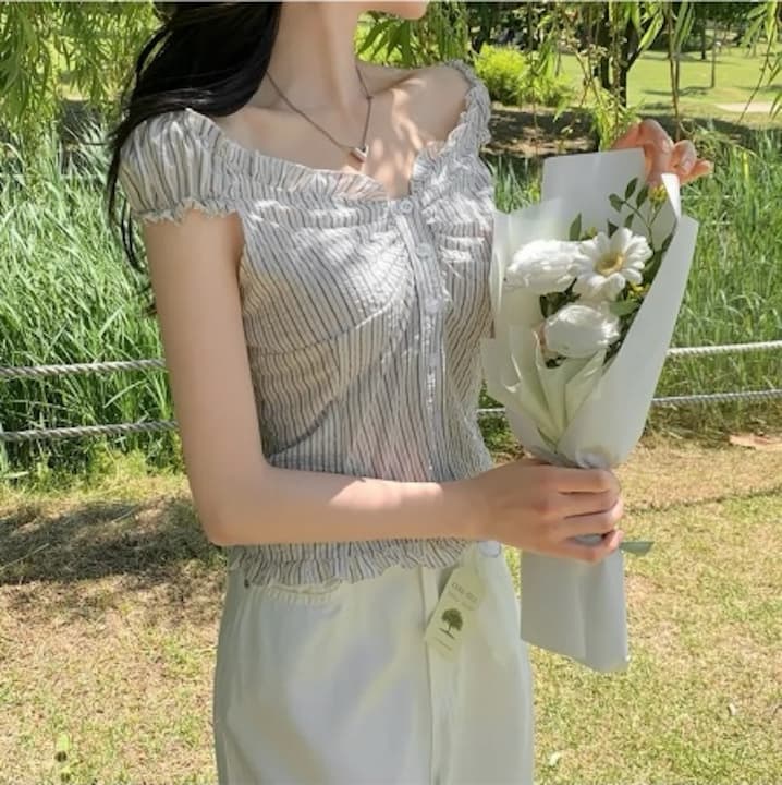 여름 섹시함 Pleat 측면 스트라이프 수 있습니다. 오프숄더 둘 착용 셔츠 상세 이미지 33
