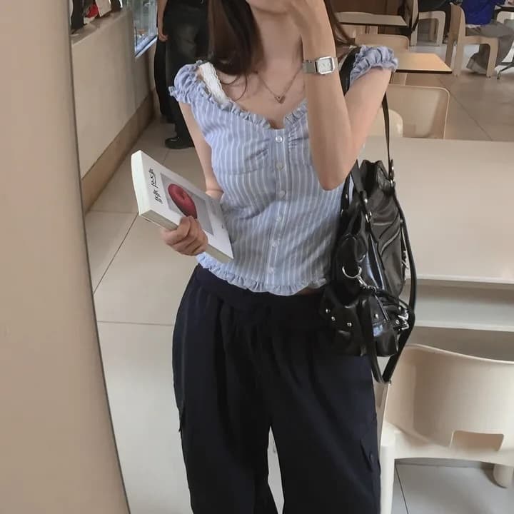 여름 섹시함 Pleat 측면 상쾌 블루 스트라이프 수 있습니다. 오프숄더 둘 착용 셔츠 상세 이미지 16