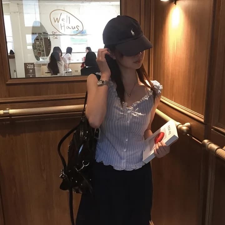 여름 섹시함 Pleat 측면 상쾌 블루 스트라이프 수 있습니다. 오프숄더 둘 착용 셔츠 상세 이미지 25