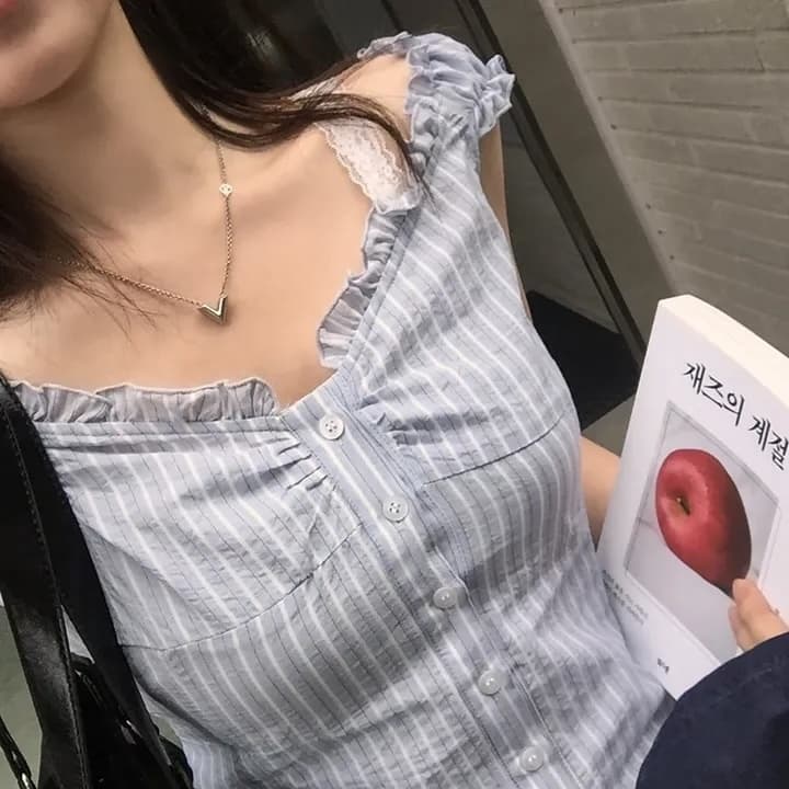 여름 섹시함 Pleat 측면 상쾌 블루 스트라이프 수 있습니다. 오프숄더 둘 착용 셔츠 상세 이미지 39