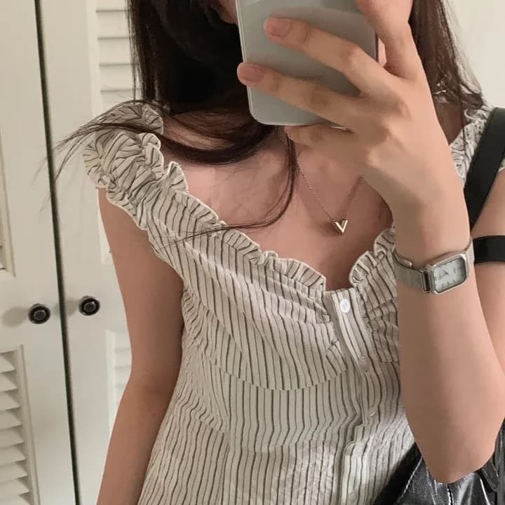 여름 섹시함 Pleat 측면 상쾌 블루 스트라이프 수 있습니다. 오프숄더 둘 착용 셔츠 상세 이미지 62