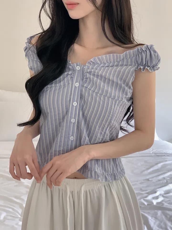 Pleat 측면 섹시함 오프숄더 스트라이프 둘 착용 슬립 셔츠