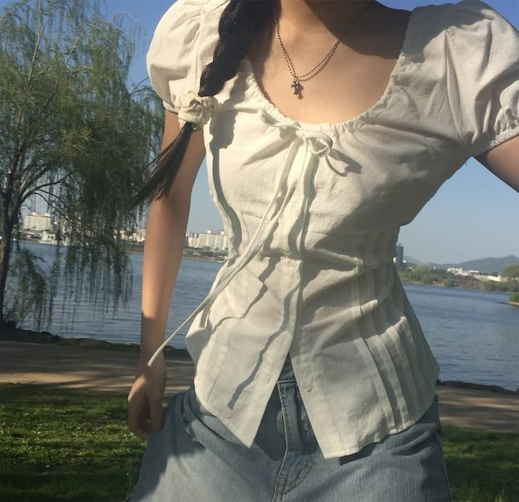chic 한국 스타일 라운드 넥 펌프 로프 허리 수축 품격 다용도 셔츠 이미지 4