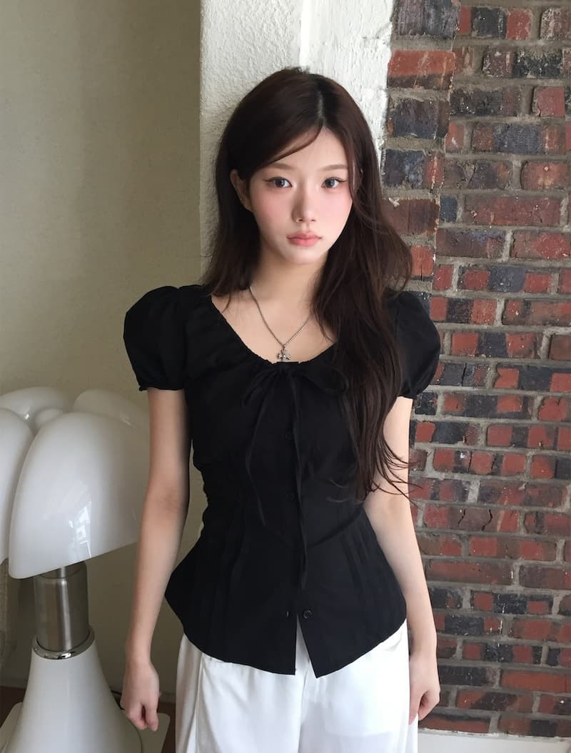 chic 한국 스타일 라운드 넥 펌프 로프 허리 수축 품격 다용도 셔츠 상세 이미지 2
