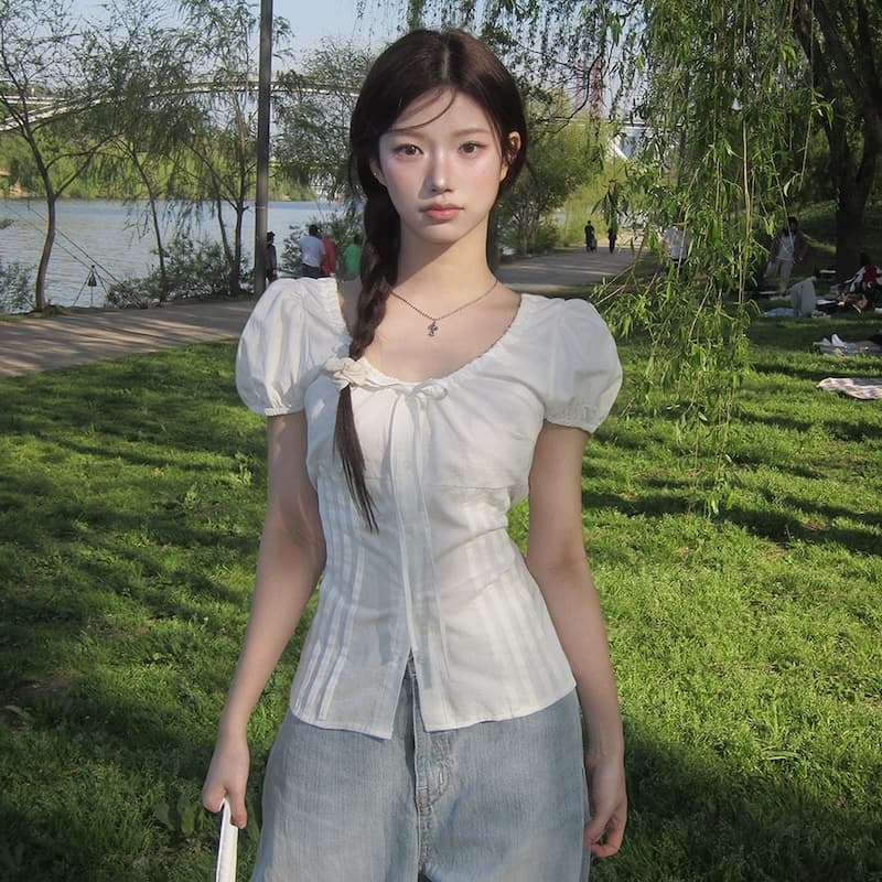 chic 한국 스타일 라운드 넥 펌프 로프 허리 수축 품격 다용도 셔츠 상세 이미지 11