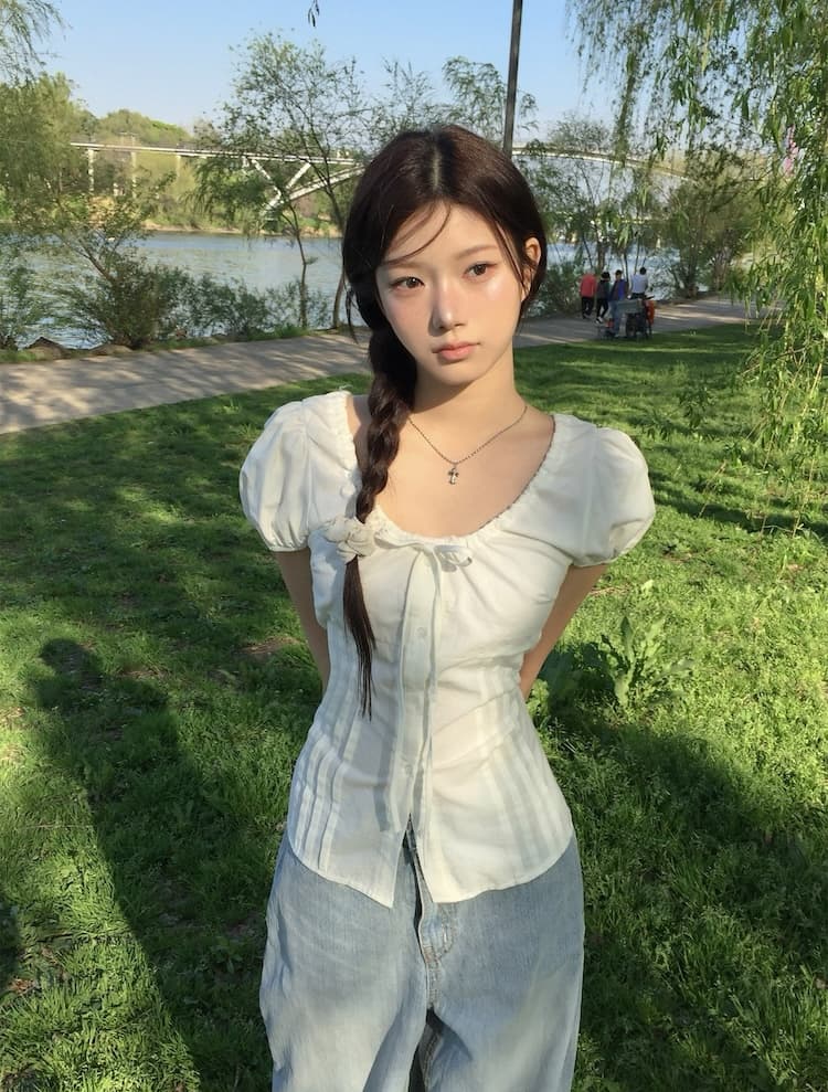 chic 한국 스타일 라운드 넥 펌프 로프 허리 수축 품격 다용도 셔츠 상세 이미지 39