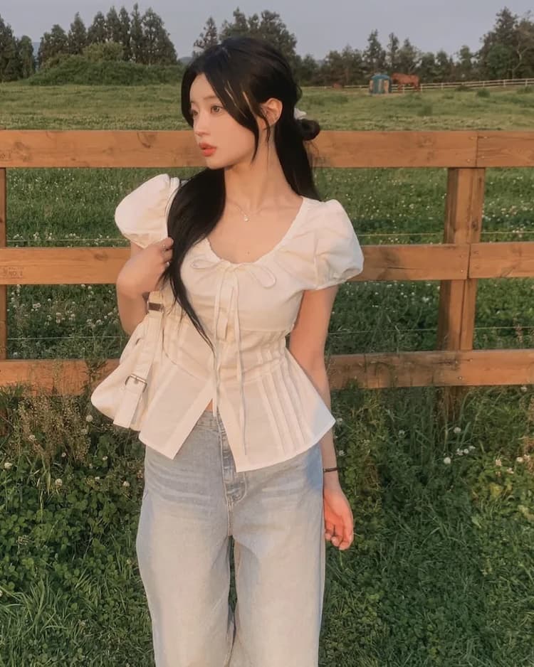 라운드 넥 펌프 로프 허리 수축 품격 다용도 셔츠 상세 이미지 35