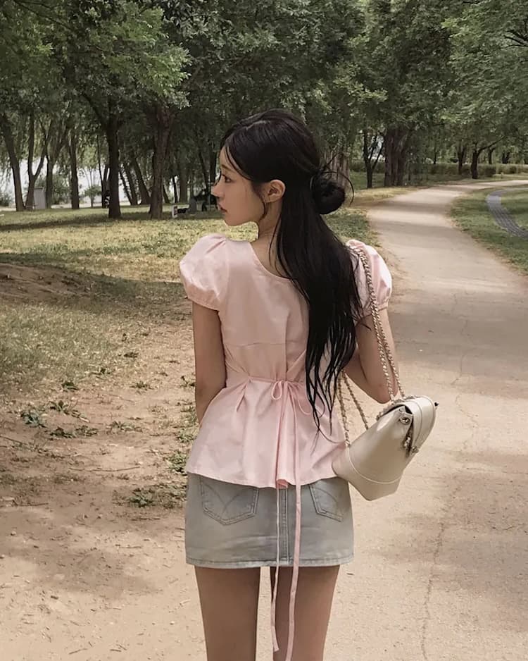 라운드 넥 펌프 로프 허리 수축 품격 다용도 셔츠 상세 이미지 52