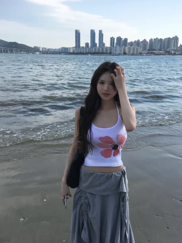 레트로 꽃 프린트 슬립 맨위 슬림해 보이는 다용도 펌프 Pleat 반신 스커트 상세 이미지 2