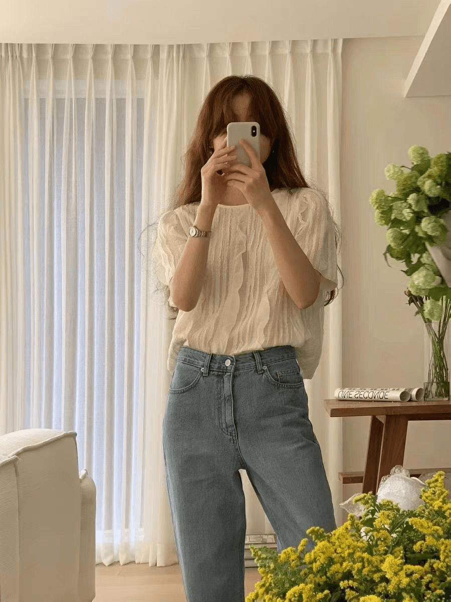 여름 섹션 주름 질감 센스 레이스 라운드 넥 반팔 여성 셔츠