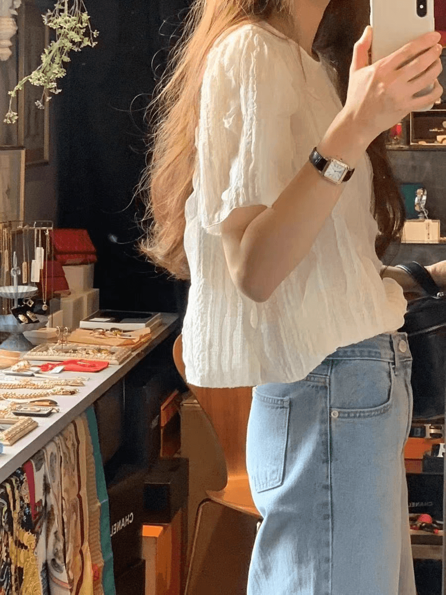 여름 섹션 주름 질감 센스 레이스 라운드 넥 반팔 여성 셔츠 상세 이미지 2