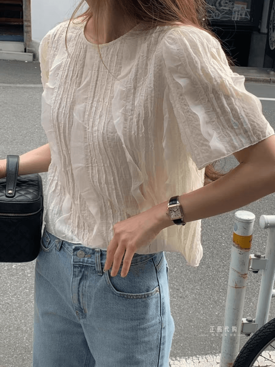 여름 섹션 주름 질감 센스 레이스 라운드 넥 반팔 여성 셔츠 상세 이미지 5