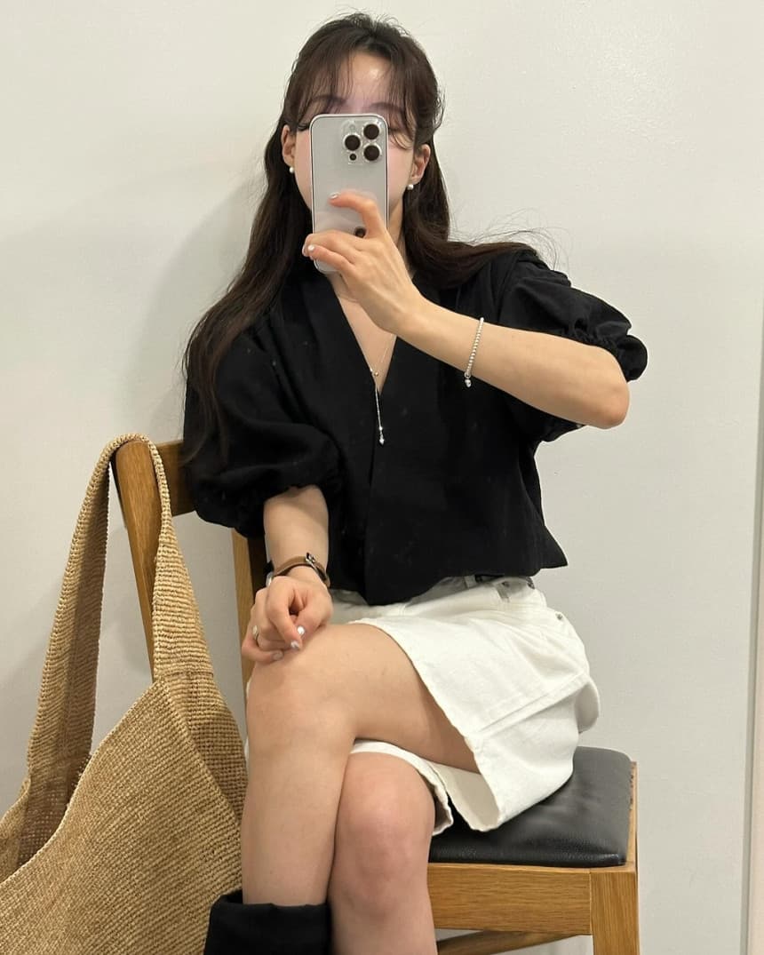 한국 스타일 여름 루즈핏 V넥 거품 소매 품격 포장 몸 반팔 셔츠 이미지 2