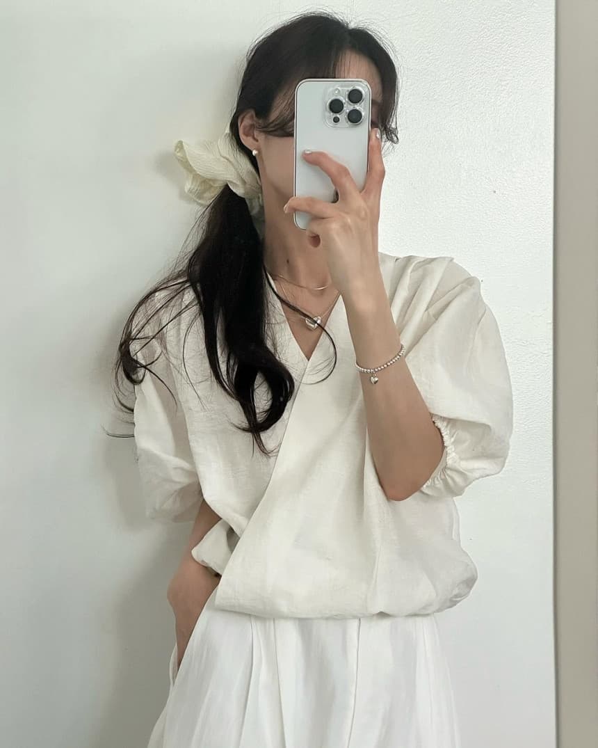 한국 스타일 여름 루즈핏 V넥 거품 소매 품격 포장 몸 반팔 셔츠 이미지 4