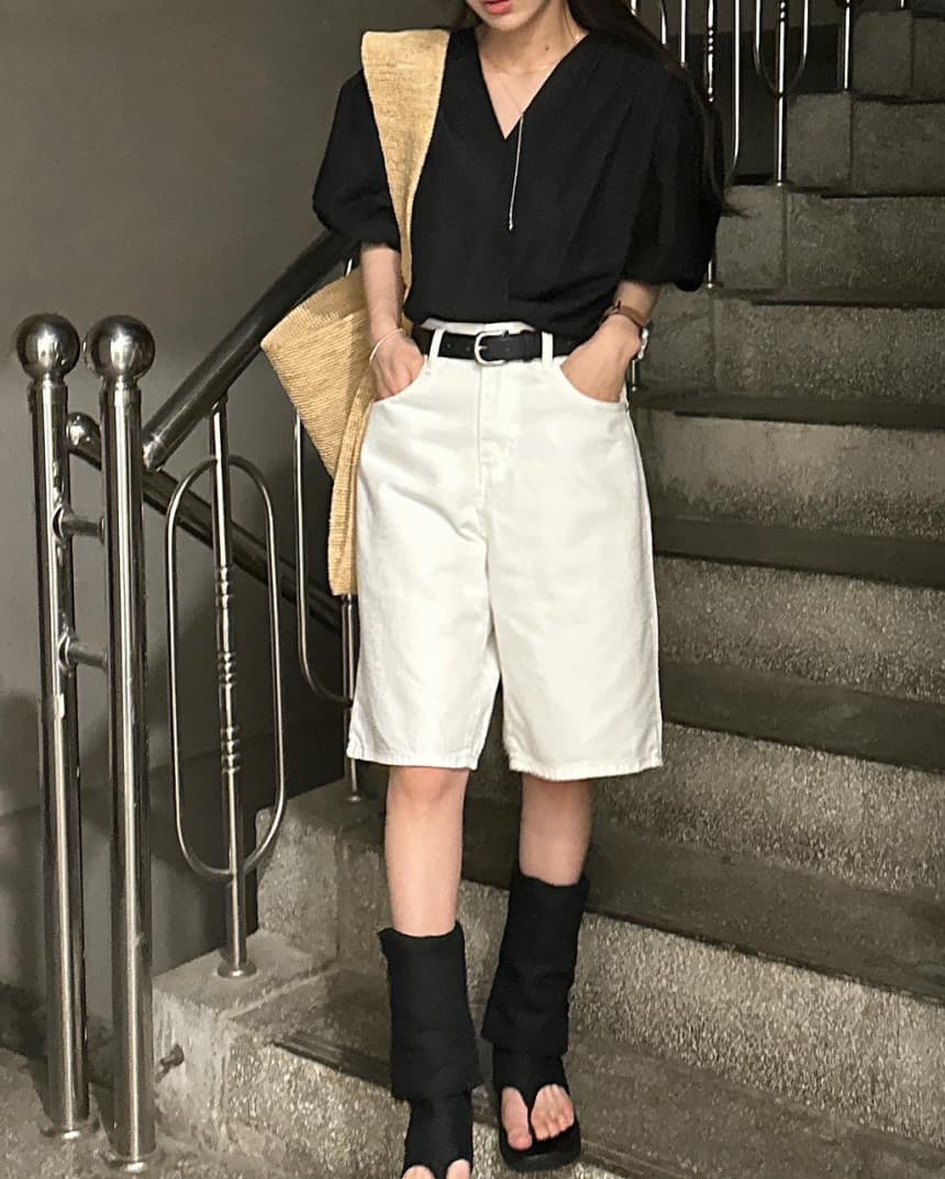 한국 스타일 여름 루즈핏 V넥 거품 소매 품격 포장 몸 반팔 셔츠 상세 이미지 22