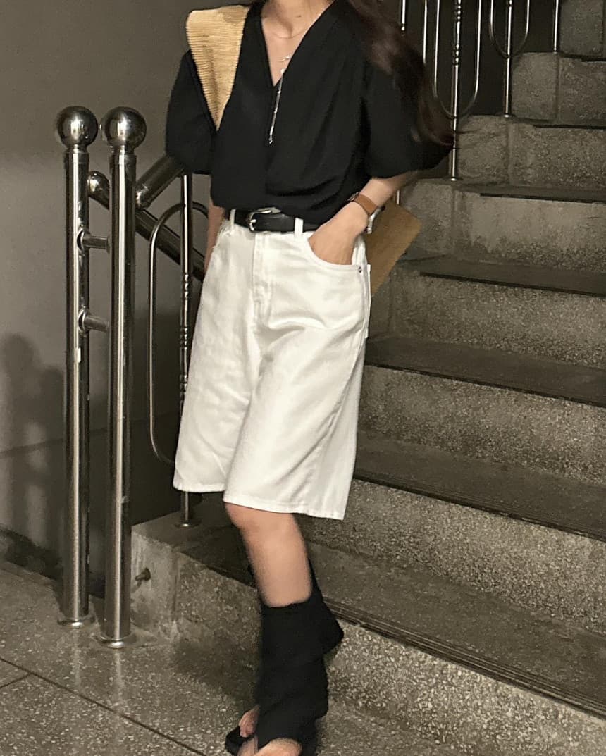 한국 스타일 여름 루즈핏 V넥 거품 소매 품격 포장 몸 반팔 셔츠 상세 이미지 25