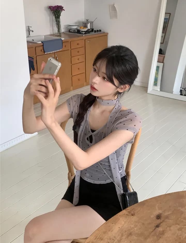 여름 새로운 도트 무늬 섹시함 V넥 맨위 상세 이미지 8