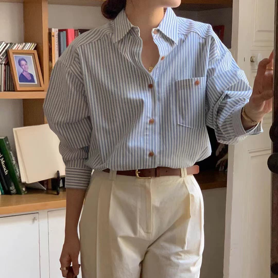 프랑스식 작은 대중 폴로 칼라 배색 세로 줄무늬 루즈핏 캐주얼 다용도 긴팔 셔츠 맨위