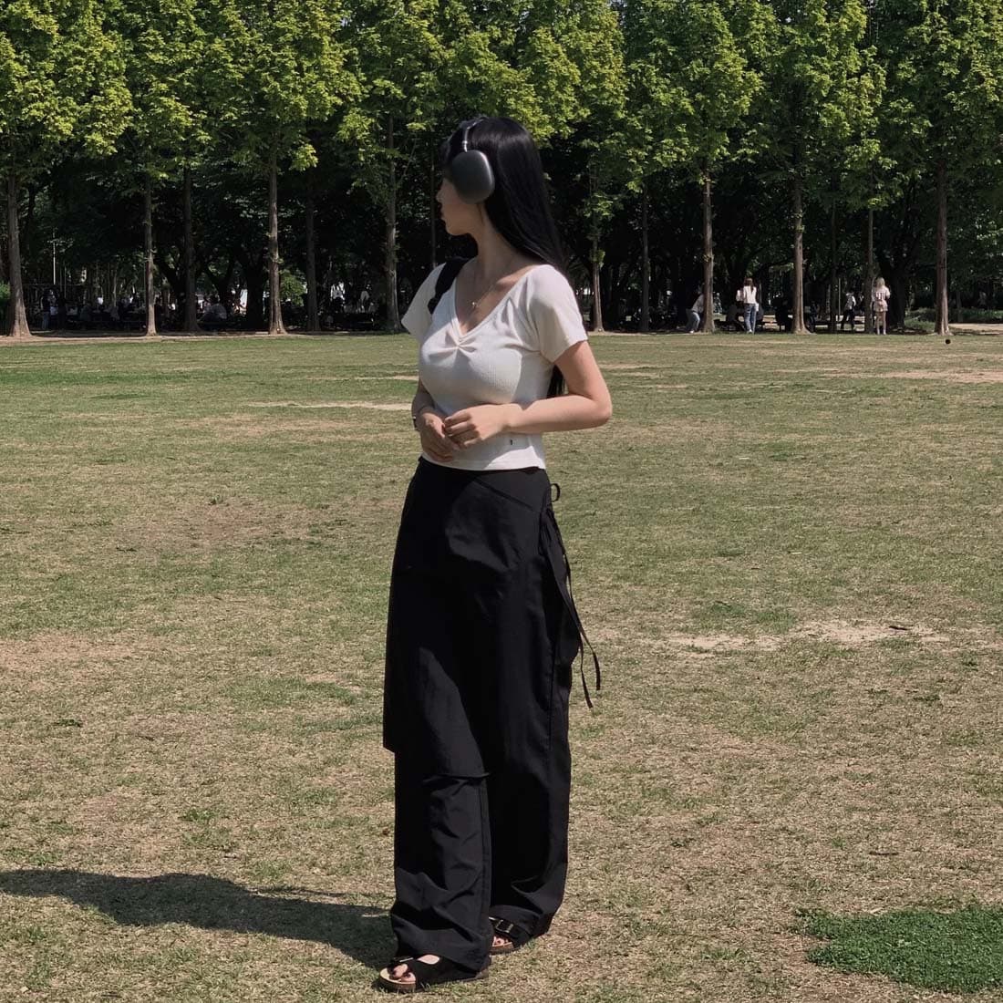 한국 chic 레트로 캐주얼 작은 대중 디자인 센스 포장 몸 앞치마 레이스업 페이크 레이어드 넓은 다리 캐주얼 바지 상세 이미지 25