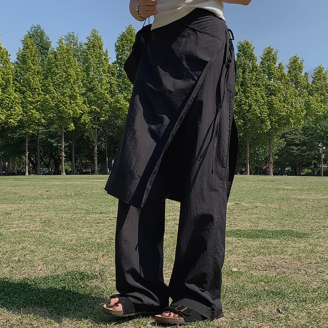 한국 chic 레트로 캐주얼 작은 대중 디자인 센스 포장 몸 앞치마 레이스업 페이크 레이어드 넓은 다리 캐주얼 바지 상세 이미지 41