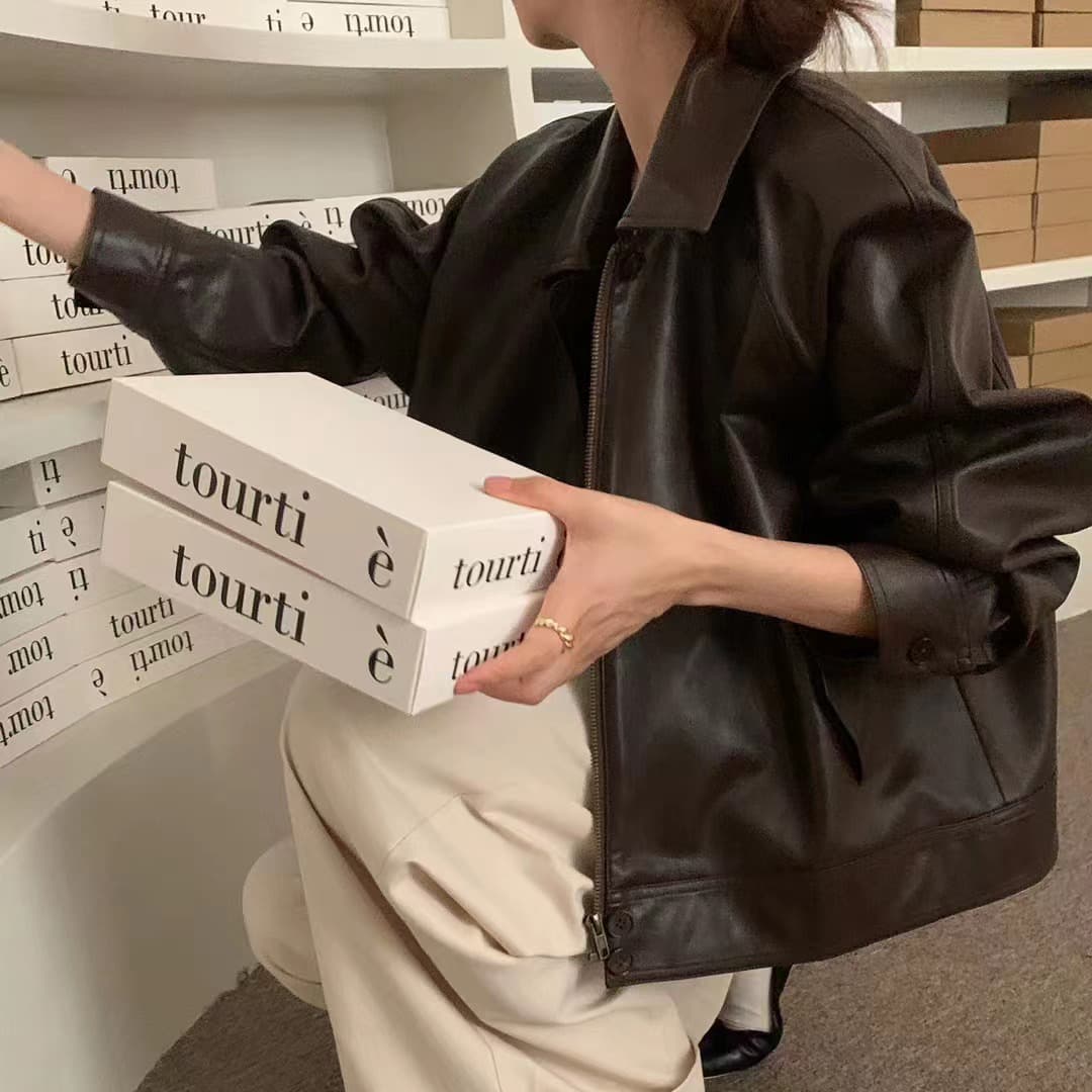레트로 잘 생긴 폴로 칼라 지퍼 주머니 루즈핏 다용도 BF 바람 오토바이 서비스 가죽 재킷 재킷 이미지 5