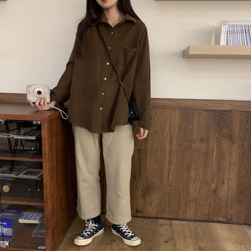 코듀로이 서리가 내린 회색 여성 셔츠 가을 디자인 센스 작은 대중 레트로 연삭 털 셔츠 재킷 인사이드 가져 가라. 긴팔 맨위 이미지 4