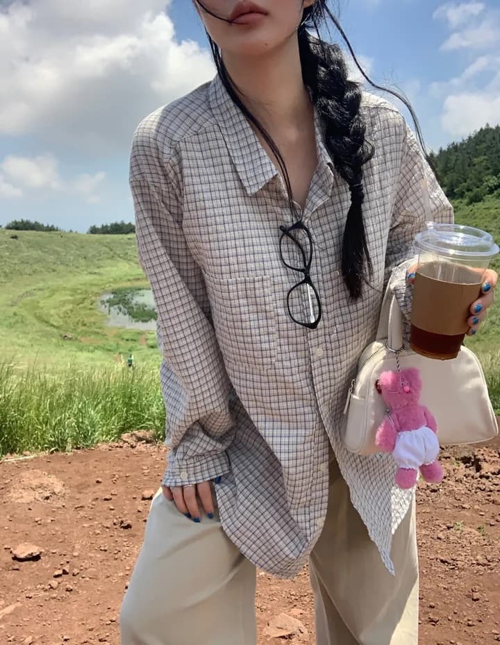 주름 장식 센스 체크무늬 긴팔 polo 여성 셔츠 느긋한 루즈핏 재킷 셔츠 이미지 3