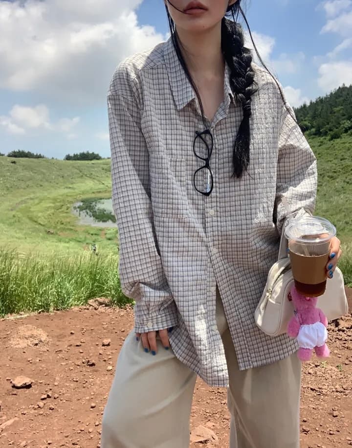 주름 장식 센스 체크무늬 긴팔 polo 여성 셔츠 느긋한 루즈핏 재킷 셔츠 상세 이미지 17
