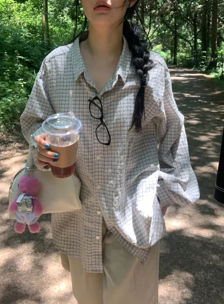 주름 장식 센스 체크무늬 긴팔 polo 여성 셔츠 느긋한 루즈핏 재킷 셔츠 상세 이미지 27