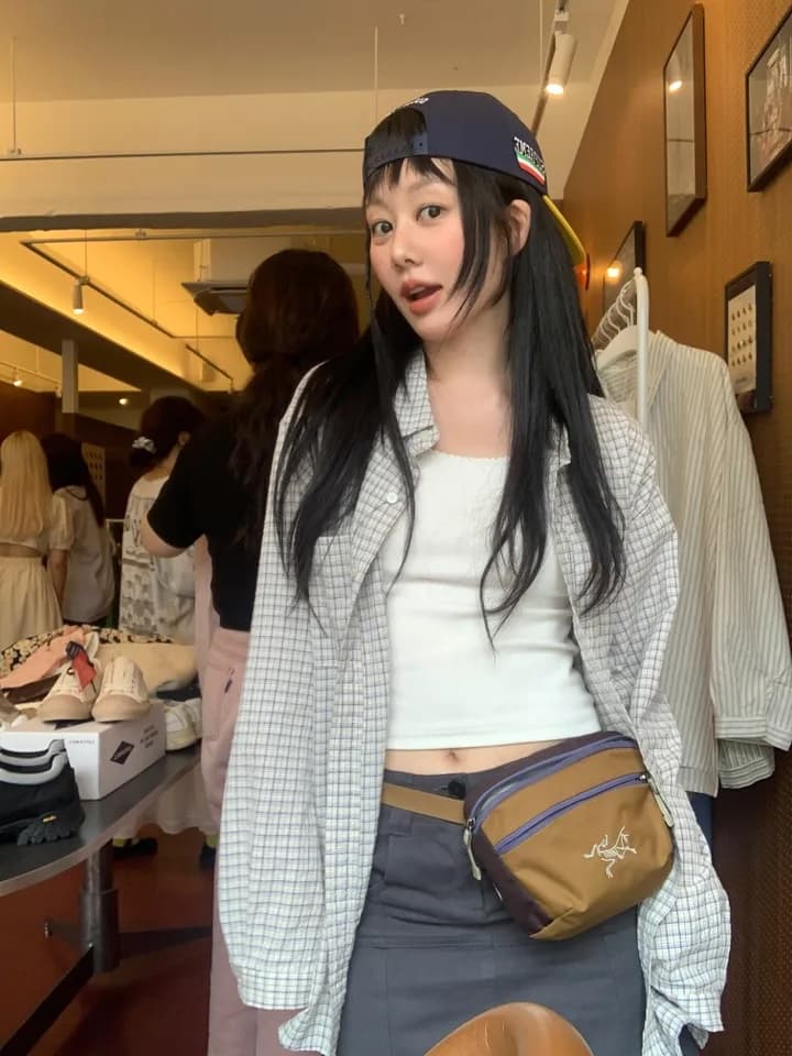 주름 장식 센스 체크무늬 긴팔 polo 여성 셔츠 느긋한 루즈핏 재킷 셔츠 상세 이미지 30