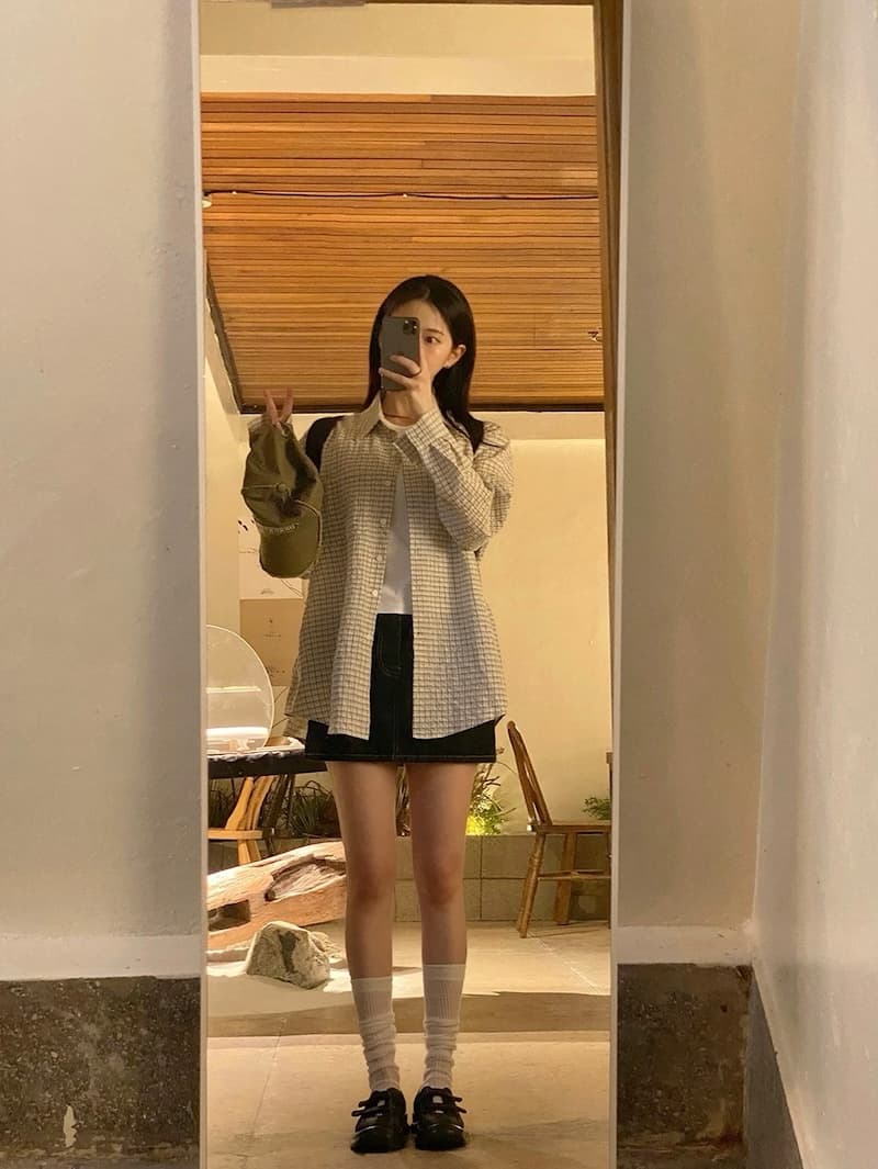 이른 가을 주름 장식 센스 체크무늬 긴팔 polo 여성 셔츠 느긋한 루즈핏 재킷 셔츠 상세 이미지 27