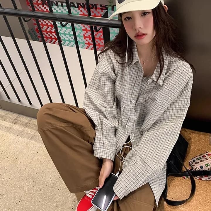 주름 장식 센스 체크무늬 긴팔 polo 여성 셔츠 느긋한 루즈핏 재킷 셔츠